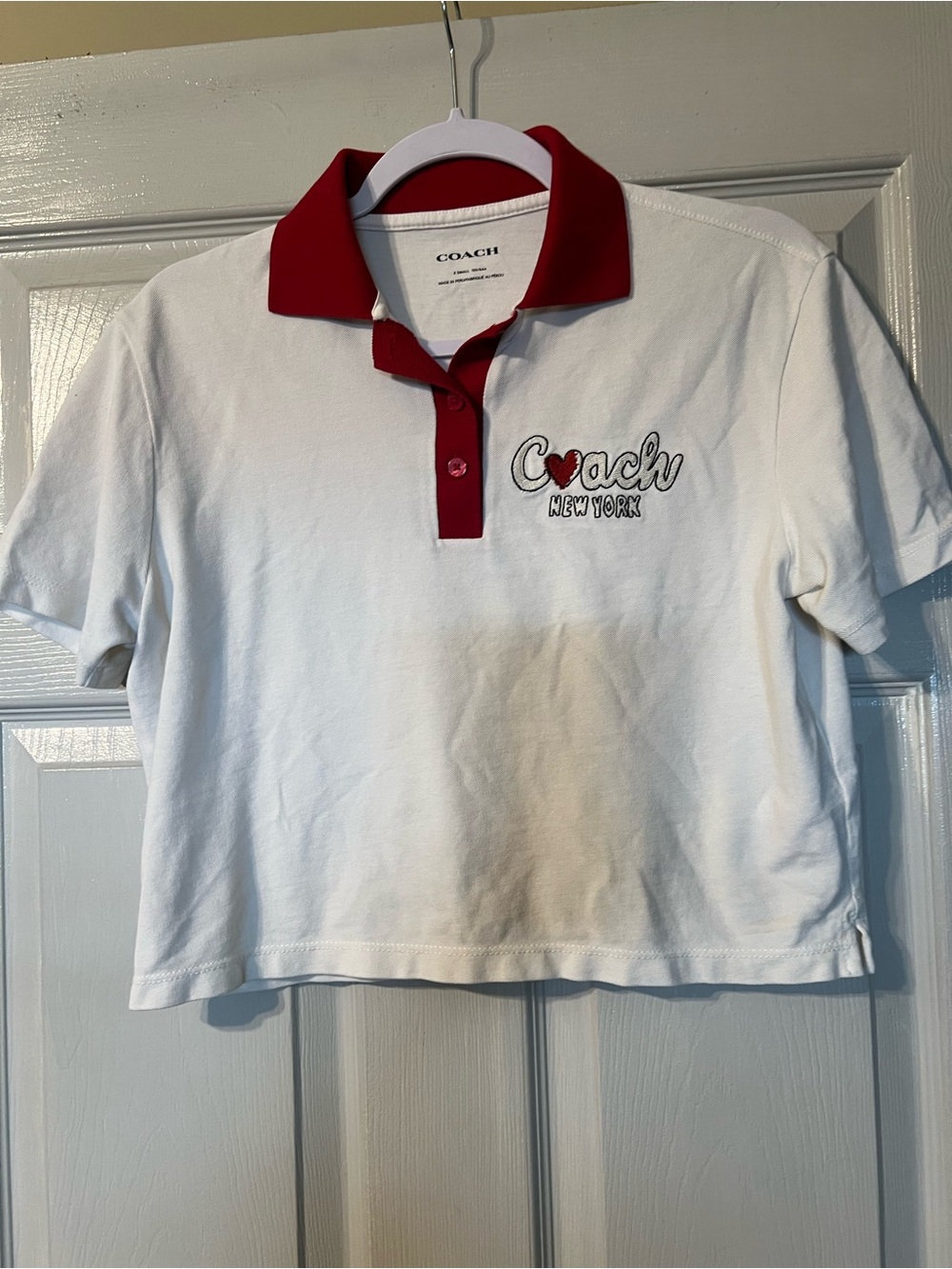 Coach White Polo Crop Top with Red Contrast Collar